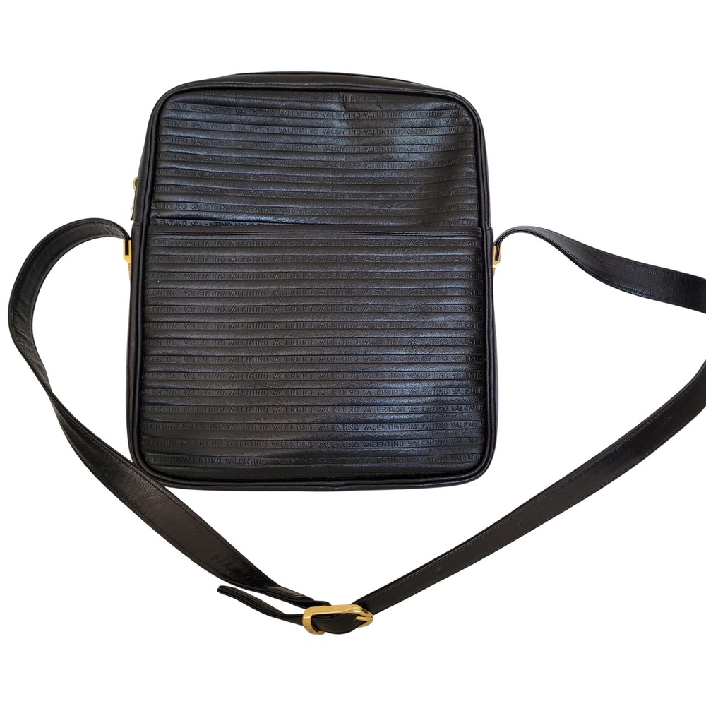 Mario Valentino Vintage Black Leather Embossed Logo Shoulder Bag Made in Italy
